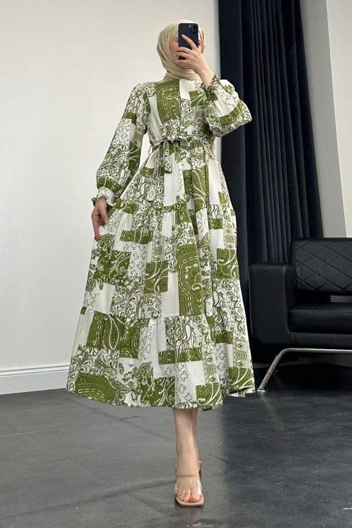 Desenli Keten Elbise Yağ Yeşili