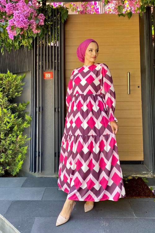 Desenli Saten Elbise Mürdüm