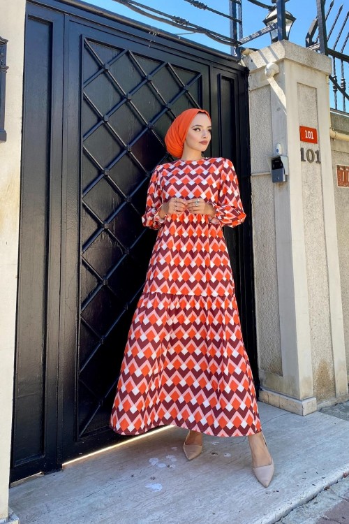 Desenli Saten Elbise Turuncu