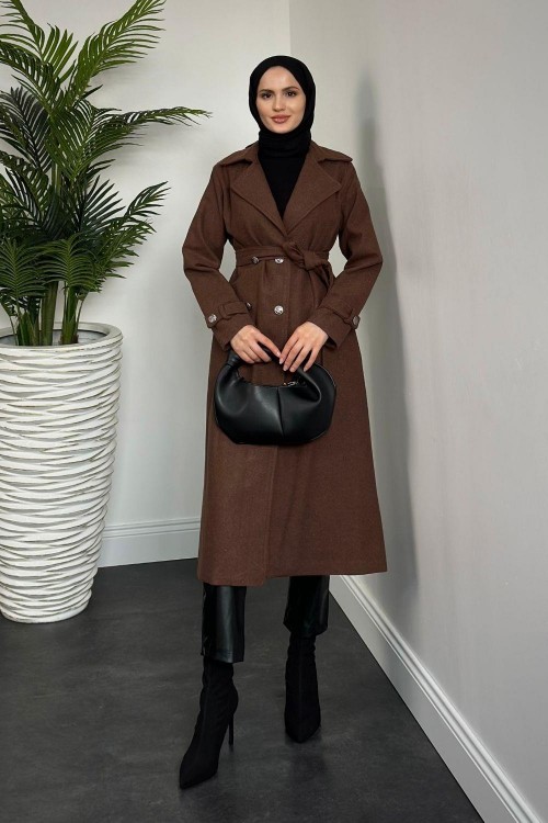 Desire Astarlı Düğmeli Kaşe Kaban Kahverengi