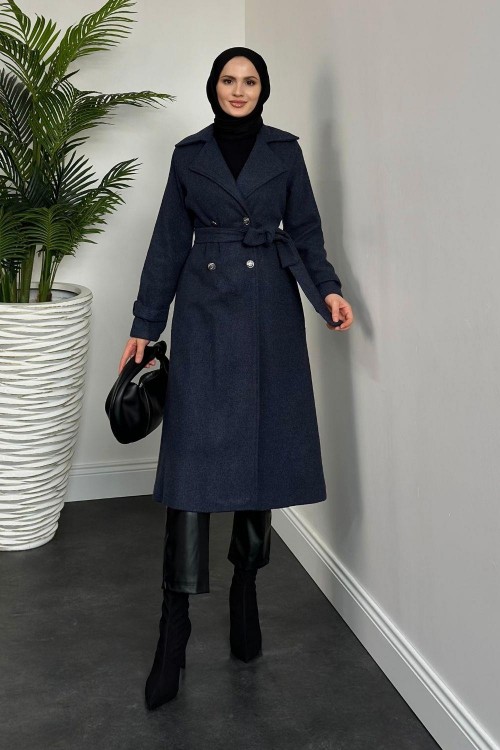 Desire Astarlı Düğmeli Kaşe Kaban Lacivert