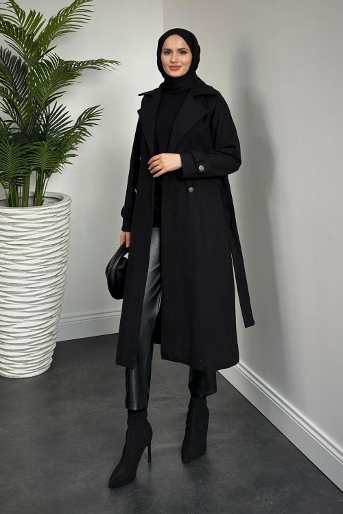 Desire Astarlı Düğmeli Kaşe Kaban Siyah