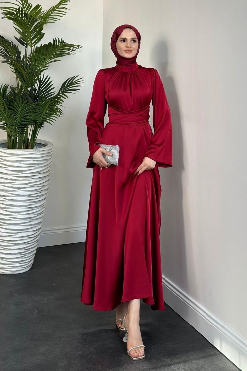 Diba Çapraz Kemer İpek Saten Abiye Bordo
