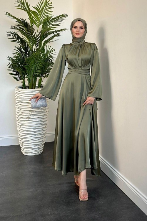 Diba Çapraz Kemer İpek Saten Abiye Haki