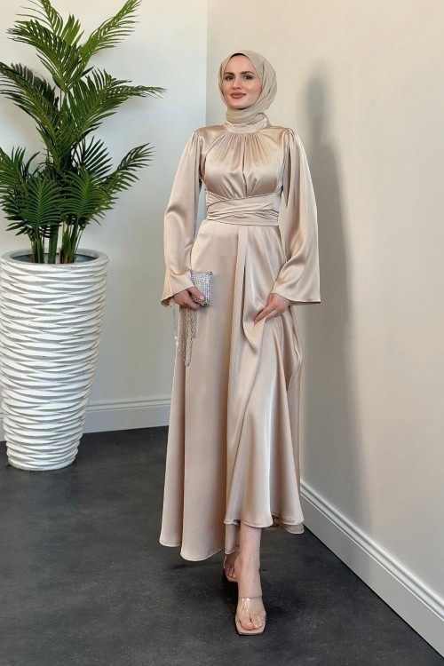 Diba Çapraz Kemer İpek Saten Abiye Krem