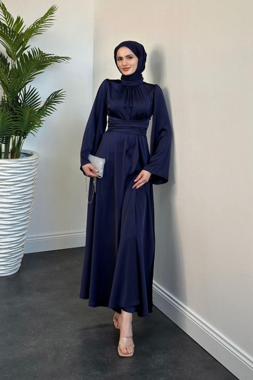 Diba Çapraz Kemer İpek Saten Abiye Lacivert