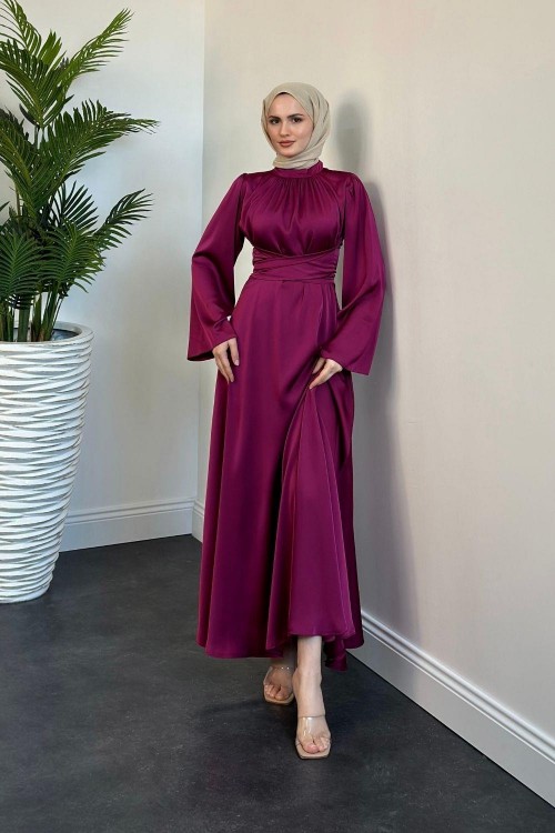 Diba Çapraz Kemer İpek Saten Abiye Mürdüm