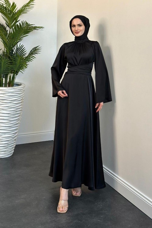 Diba Çapraz Kemer İpek Saten Abiye Siyah