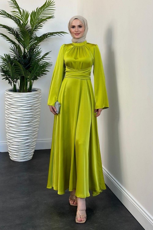 Diba Çapraz Kemer İpek Saten Abiye Yağ Yeşili