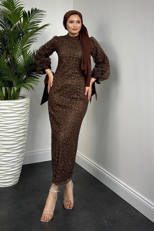 Didem Simli Kalem Abiye Kahverengi