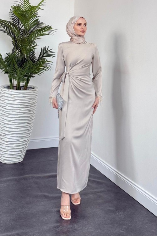 Diela Kolları Tüy Detay Abiye Krem