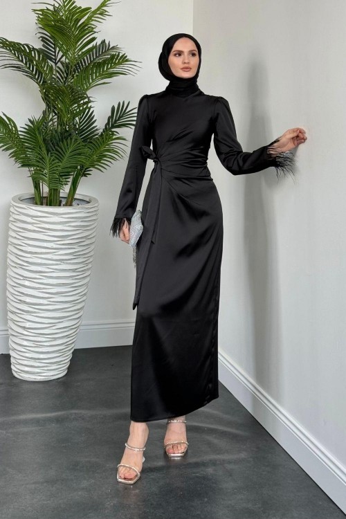 Diela Kolları Tüy Detay Abiye Siyah