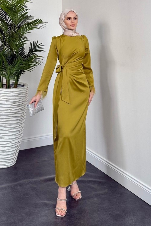 Diela Kolları Tüy Detay Abiye Yağ Yeşili