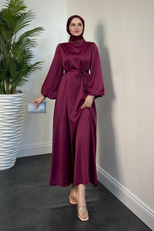 Dimitra Balon Kol Saten Elbise Açık Ton Mürdüm