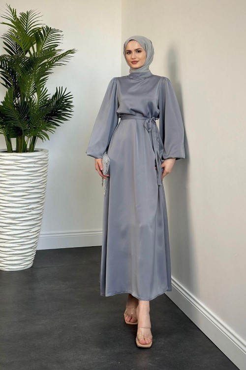 Dimitra Balon Kol Saten Elbise Gri