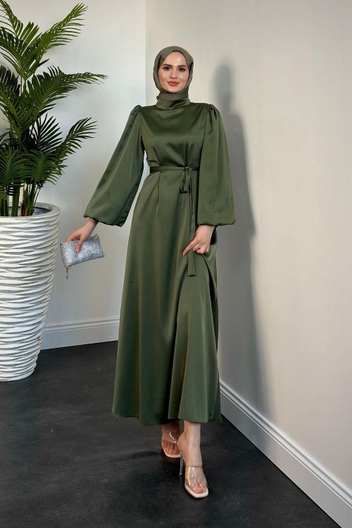 Dimitra Balon Kol Saten Elbise Haki