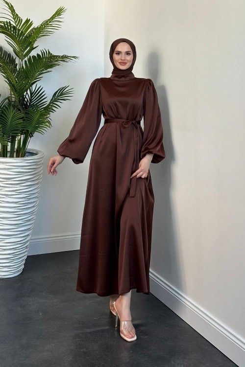 Dimitra Balon Kol Saten Elbise Kahverengi