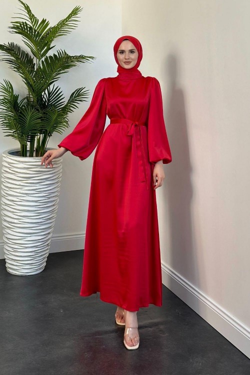 Dimitra Balon Kol Saten Elbise Kırmızı