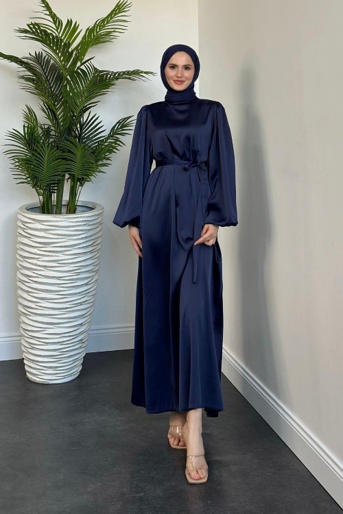 Dimitra Balon Kol Saten Elbise Lacivert