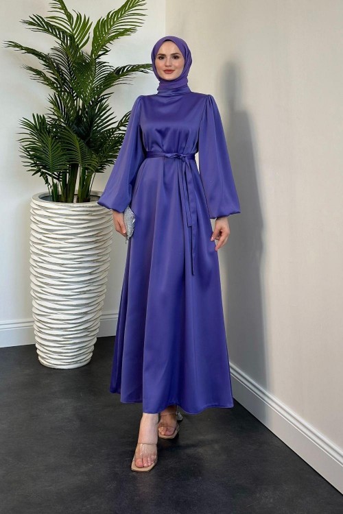 Dimitra Balon Kol Saten Elbise Lila
