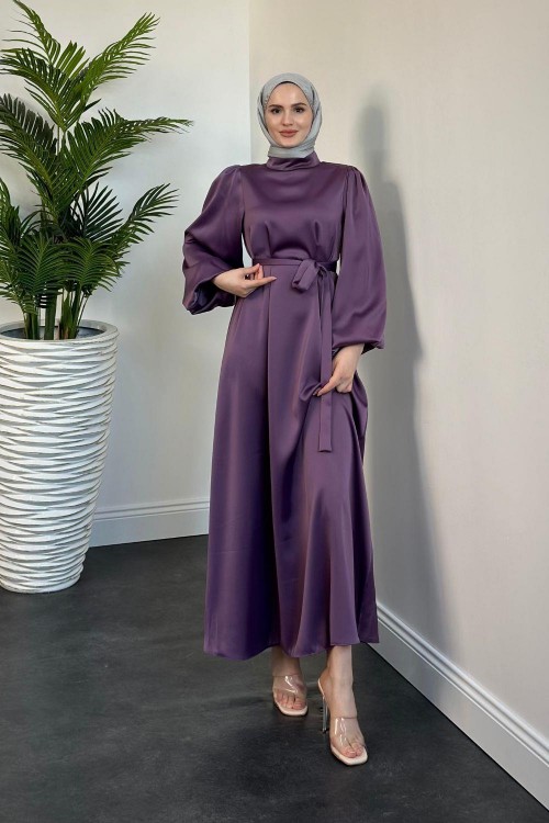 Dimitra Balon Kol Saten Elbise Mor