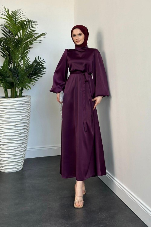 Dimitra Balon Kol Saten Elbise Mürdüm