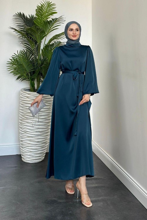 Dimitra Balon Kol Saten Elbise Petrol Yeşili