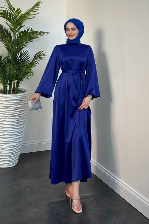 Dimitra Balon Kol Saten Elbise Saks