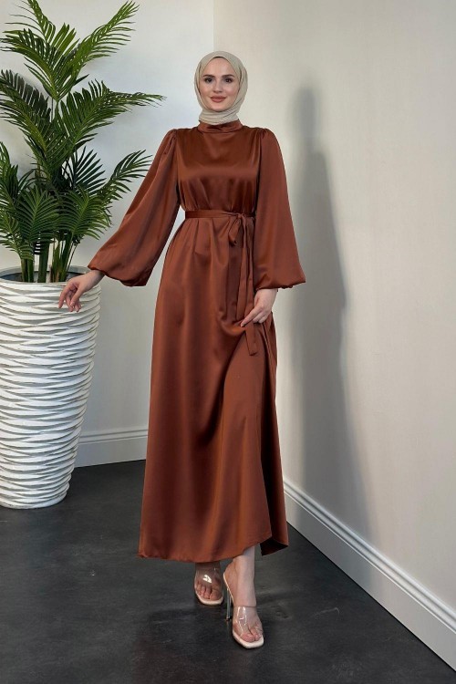 Dimitra Balon Kol Saten Elbise Taba