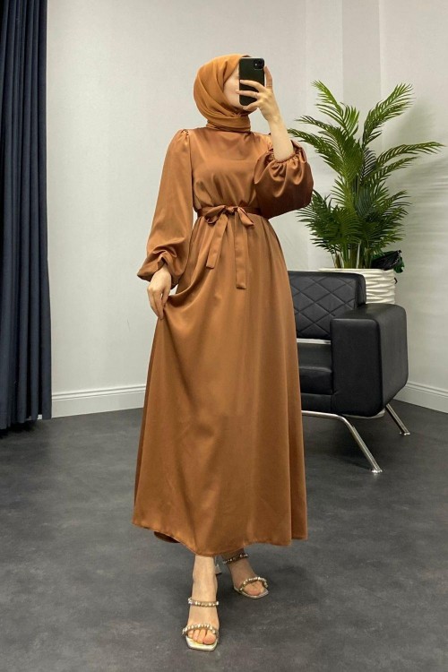 Dimitra Balon Kol Saten Elbise Kiremit