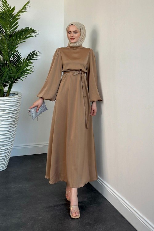 Dimitra Balon Kol Saten Elbise Vizon