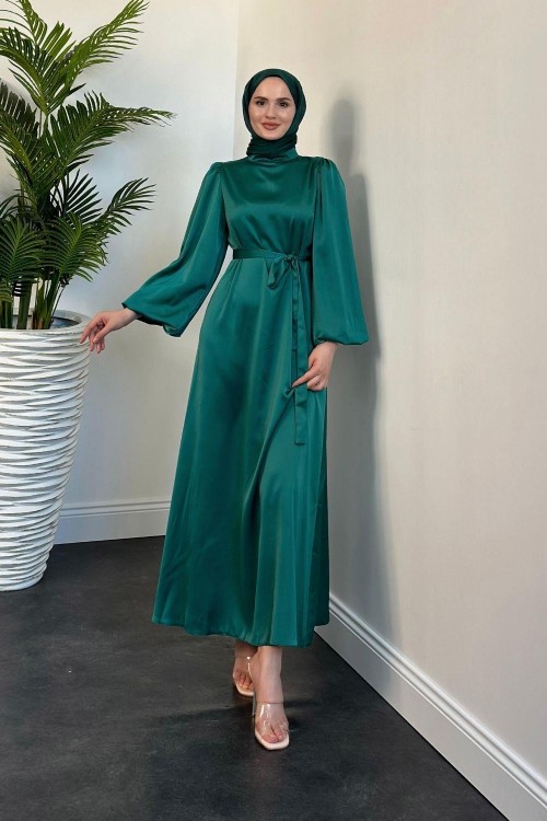 Dimitra Balon Kol Saten Elbise Yeşil 