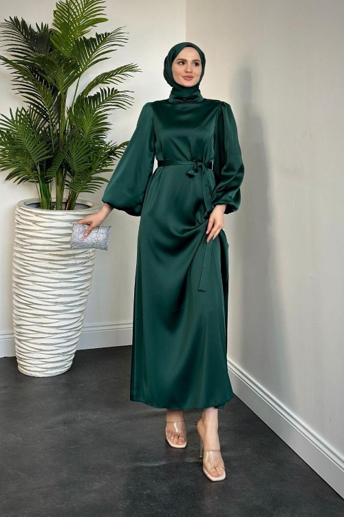 Dimitra Balon Kol Saten Elbise Zümrüt
