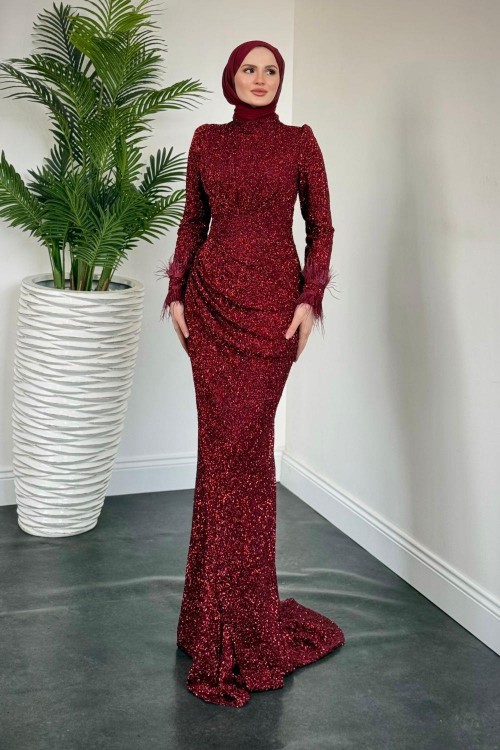 Dina Kuyruklu Taşlı Abiye Bordo