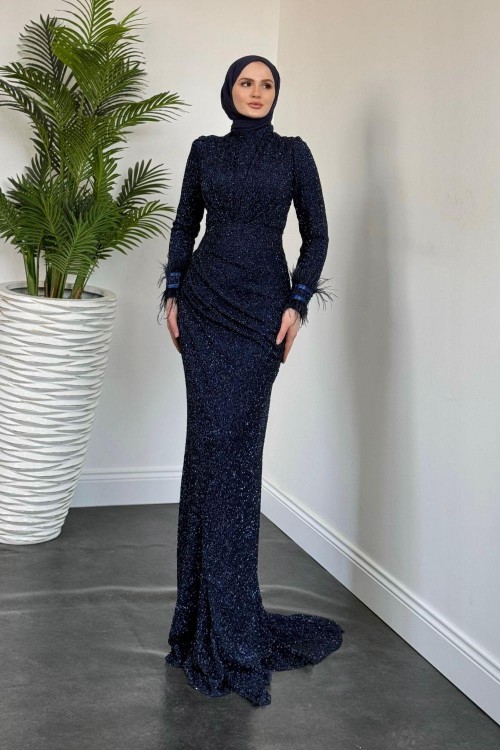 Dina Kuyruklu Taşlı Abiye Lacivert