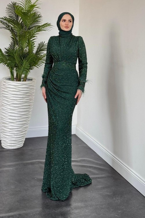 Dina Kuyruklu Taşlı Abiye Zümrüt