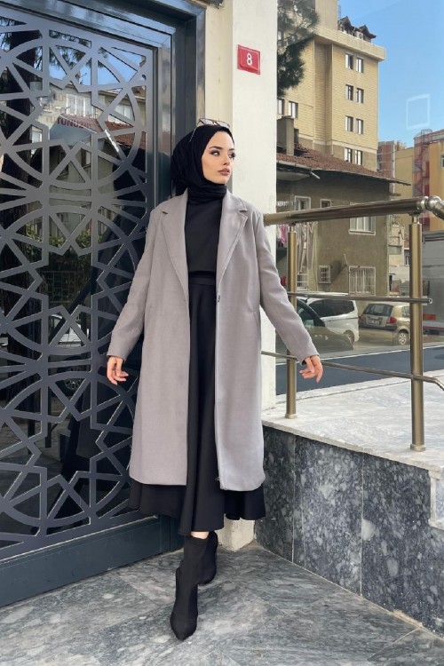 Düğmeli Astarlı Kaban Gri