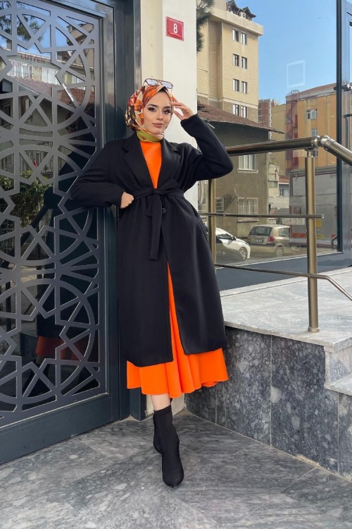 Düğmeli Astarlı Kaban Siyah