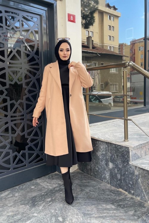 Düğmeli Astarlı Kaban SütlüKahve