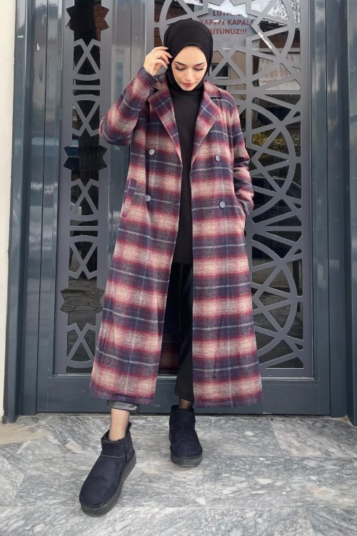 Düğmeli Astarlı Kaşe Kaban Bordo