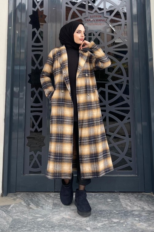 Düğmeli Astarlı Kaşe Kaban Kahverengi