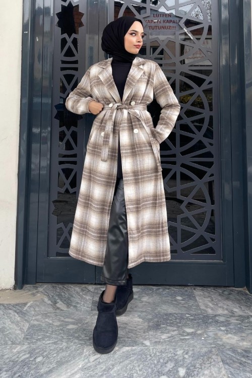 Düğmeli Astarlı Kaşe Kaban SütlüKahve