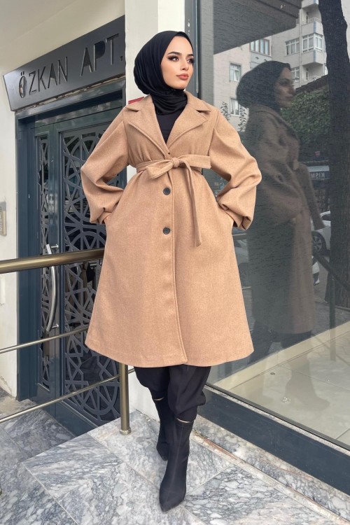 Düğmeli Cepli Kaşe Kaban SütlüKahve