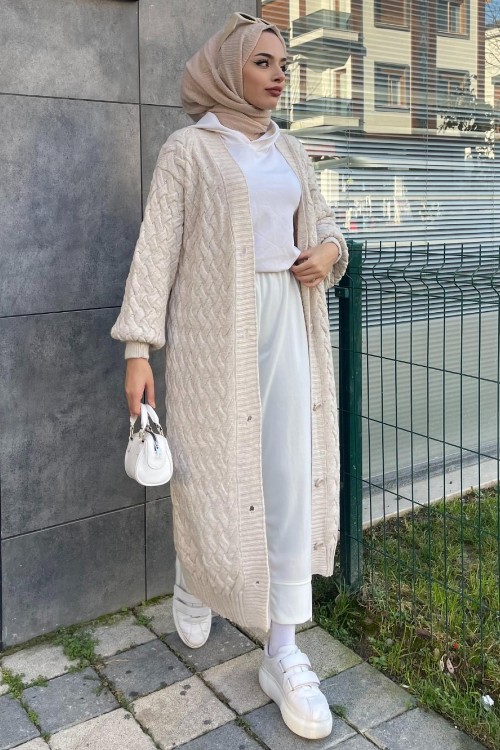 Düğmeli Kalın Hırka Bej