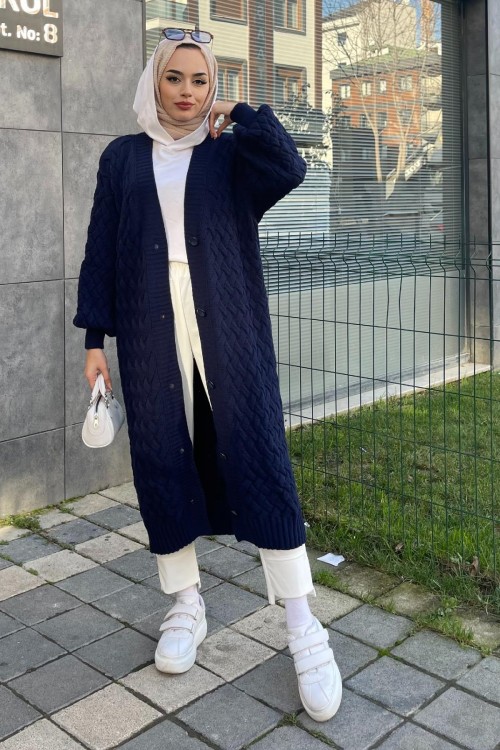 Düğmeli Kalın Hırka Lacivert