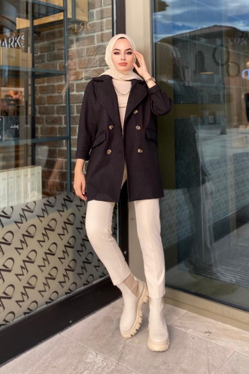 Düğmeli Kaşe Kaban Siyah