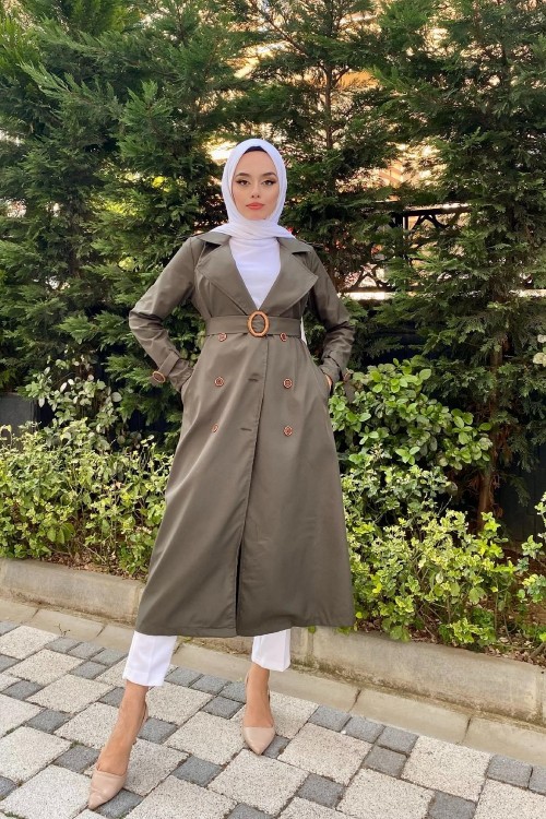 Düğmeli Kemerli Trençkot Haki