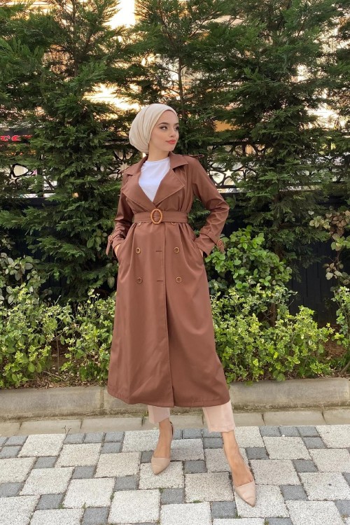 Düğmeli Kemerli Trençkot Kahverengi
