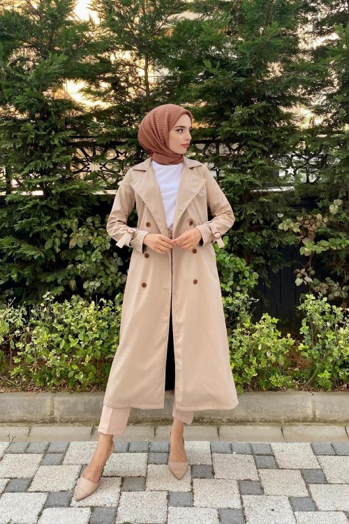 Düğmeli Kemerli Trençkot Vizon