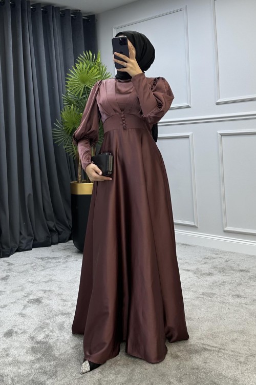 Düğmeli Saten Abiye GülKurusu